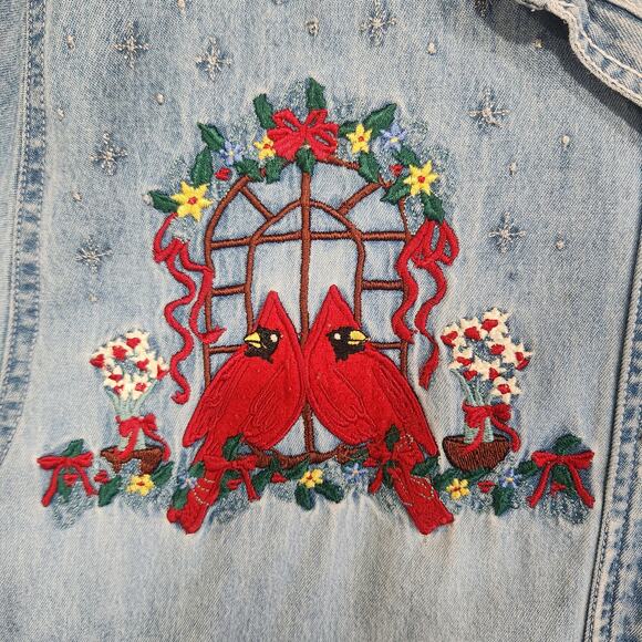Vintage Christmas Denim Shirt Embroidered Redbirds Cardinals Long Sleeve Jean XL - Picture 4 of 15